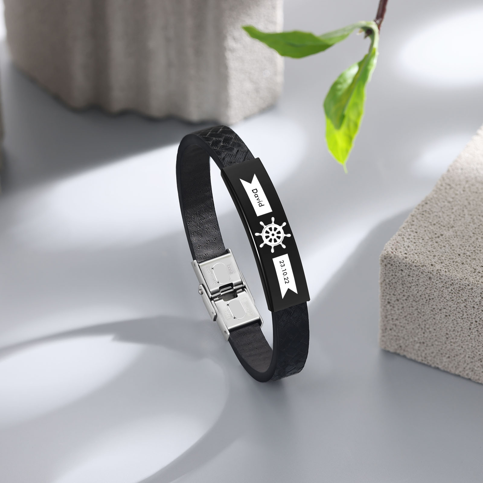 Pulsera de Cuero con Placa de Nombre y Fecha Personalizados -Jessemade ES