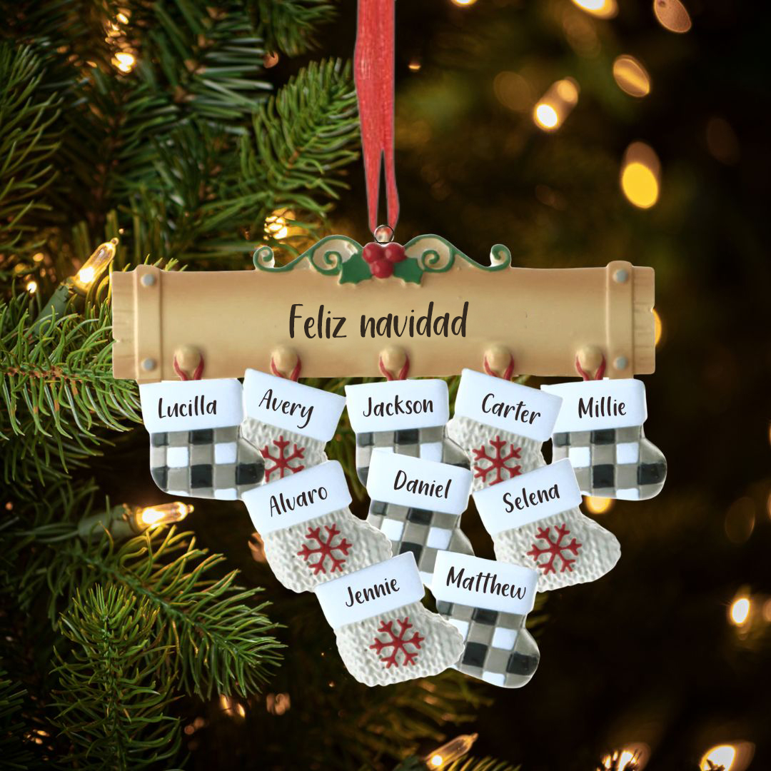 Navidad-Ornamento muñecos navideño de madera calcetines 10 nombres y 1 texto personalizados adorno del árbol-Jessemade ES