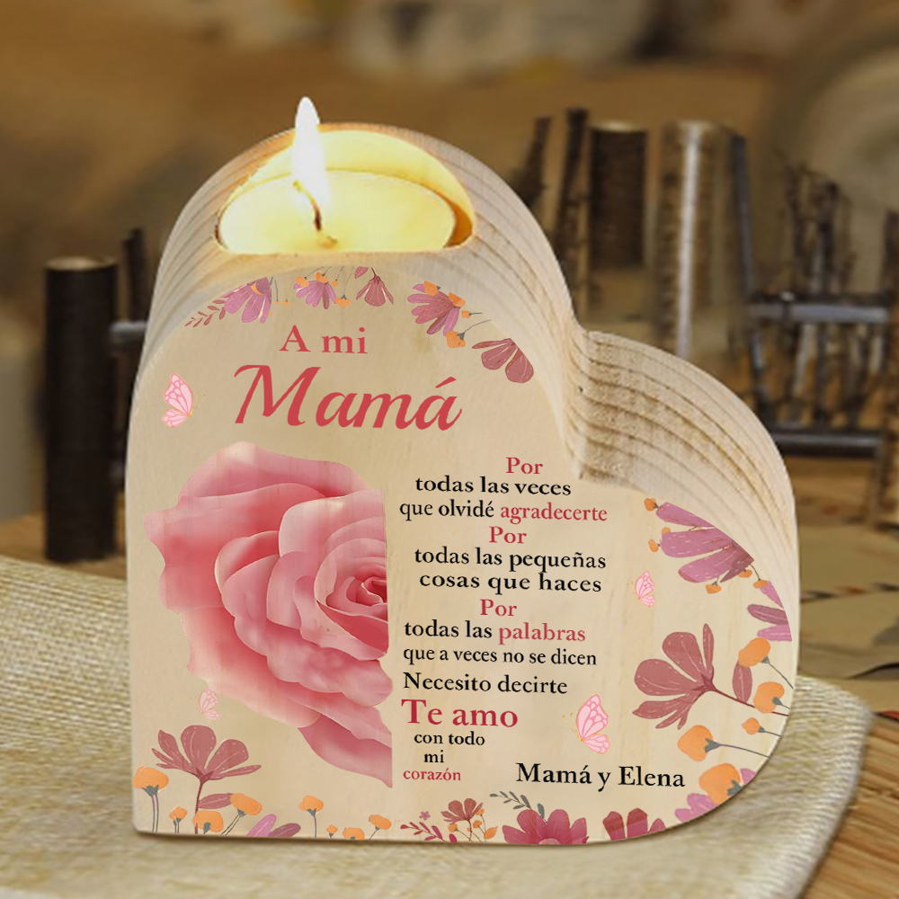A mi mamá-Candelero con nombres personalizados en forma de corazón de madera sin candela-Jessemade ES