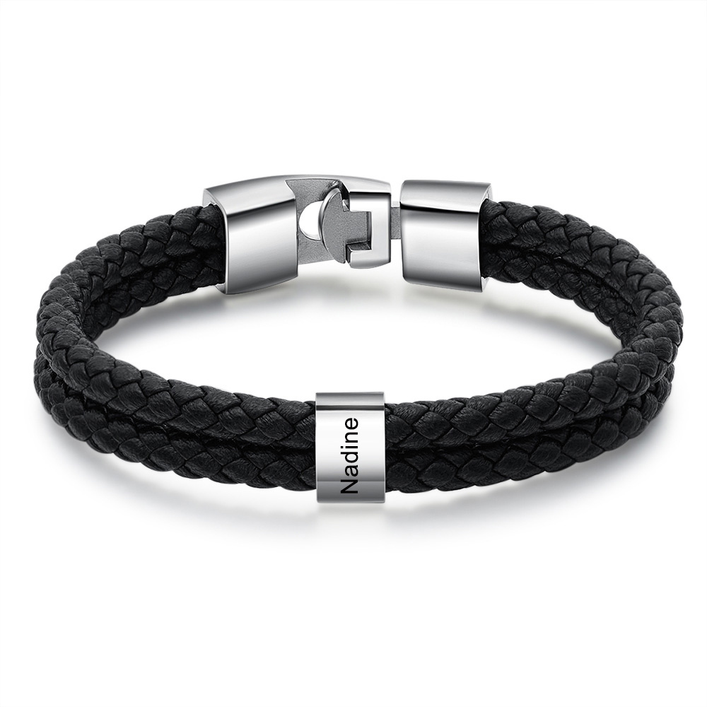Pulsera 1-8 Nombres Personalizados de Cuero Trenzado con Aros-Jessemade ES