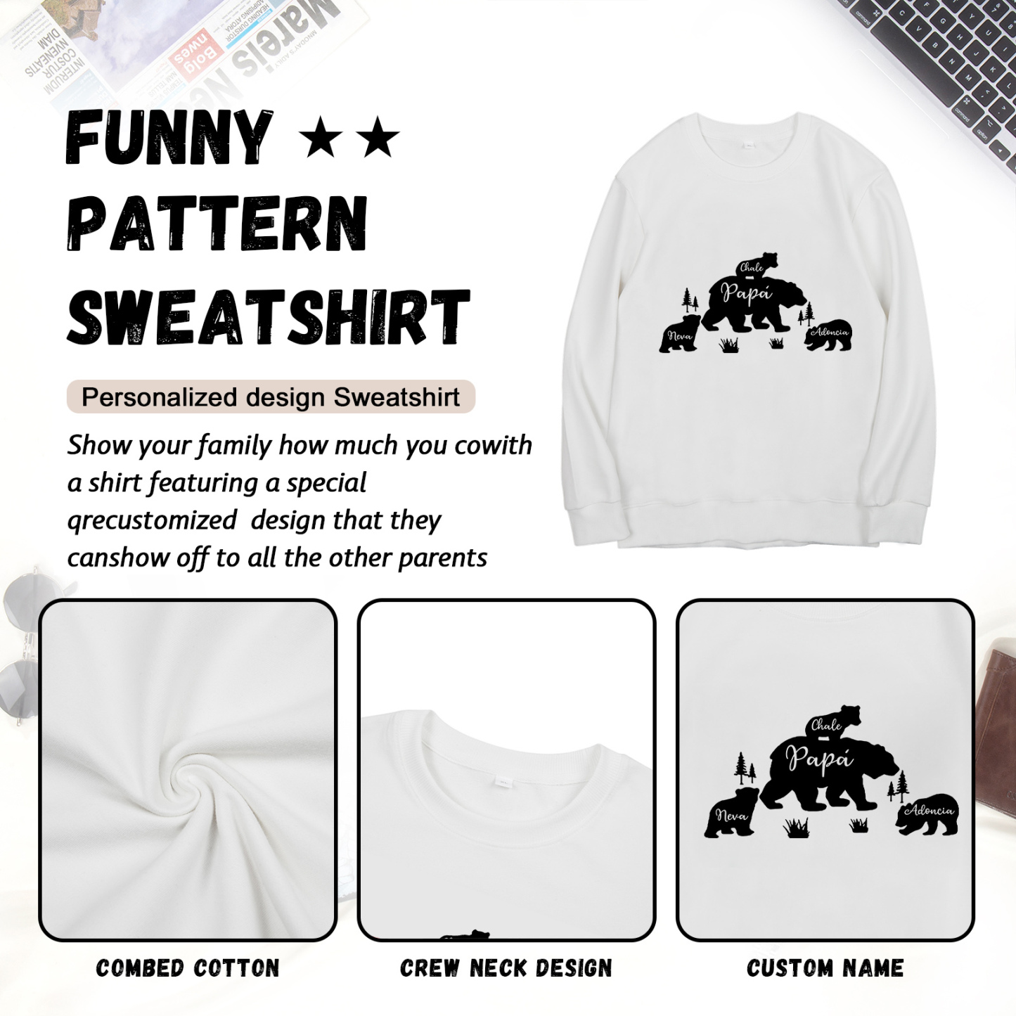 Familia-Sudadera "Oso y sus bebés" 4 nombres personalizados-Jessemade ES