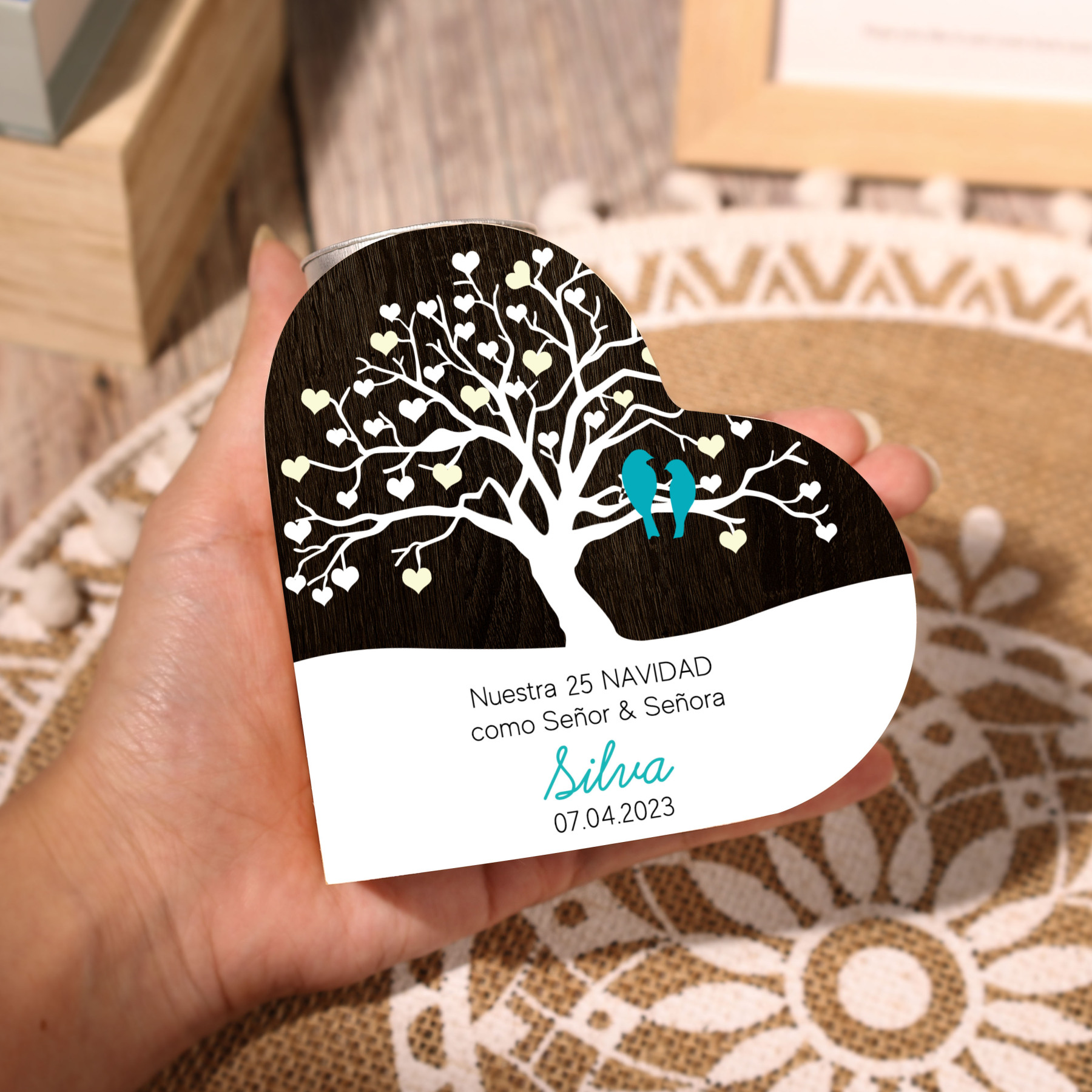 Aniversario de Navidad-Candelero de madera para pareja con pájaros de amor sin vela personalizado con apellido, fecha y número-Jessemade ES