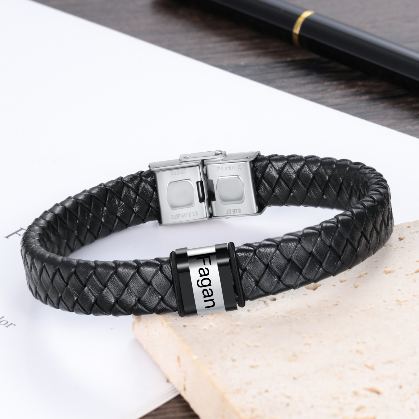 A MI PAPÁ-Pulsera de cuero trenzado de hombre con 1 perla personalizada con 1 nombre-Jessemade ES
