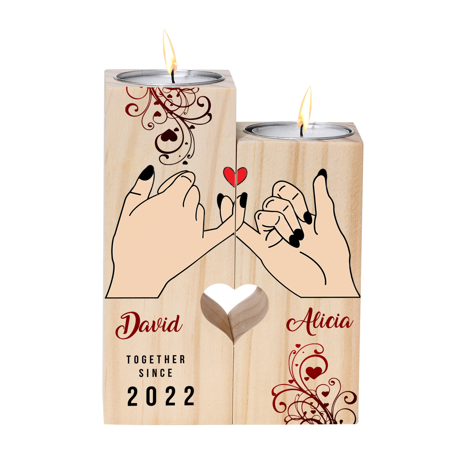 Candelero de dedos cogidos para pareja de madera de dos piezas sin candela con 2 nombres y texto personalizados y año-Jessemade ES