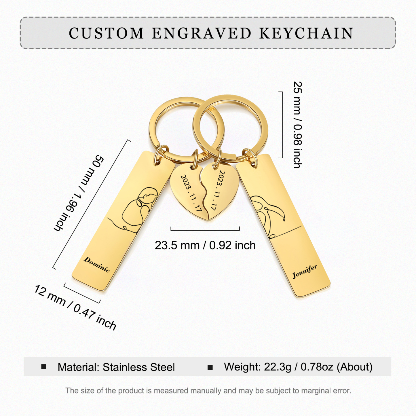 Llavero para pareja siluetas 2 nombres personalizados con fecha dije de medio corazón-Jessemade ES