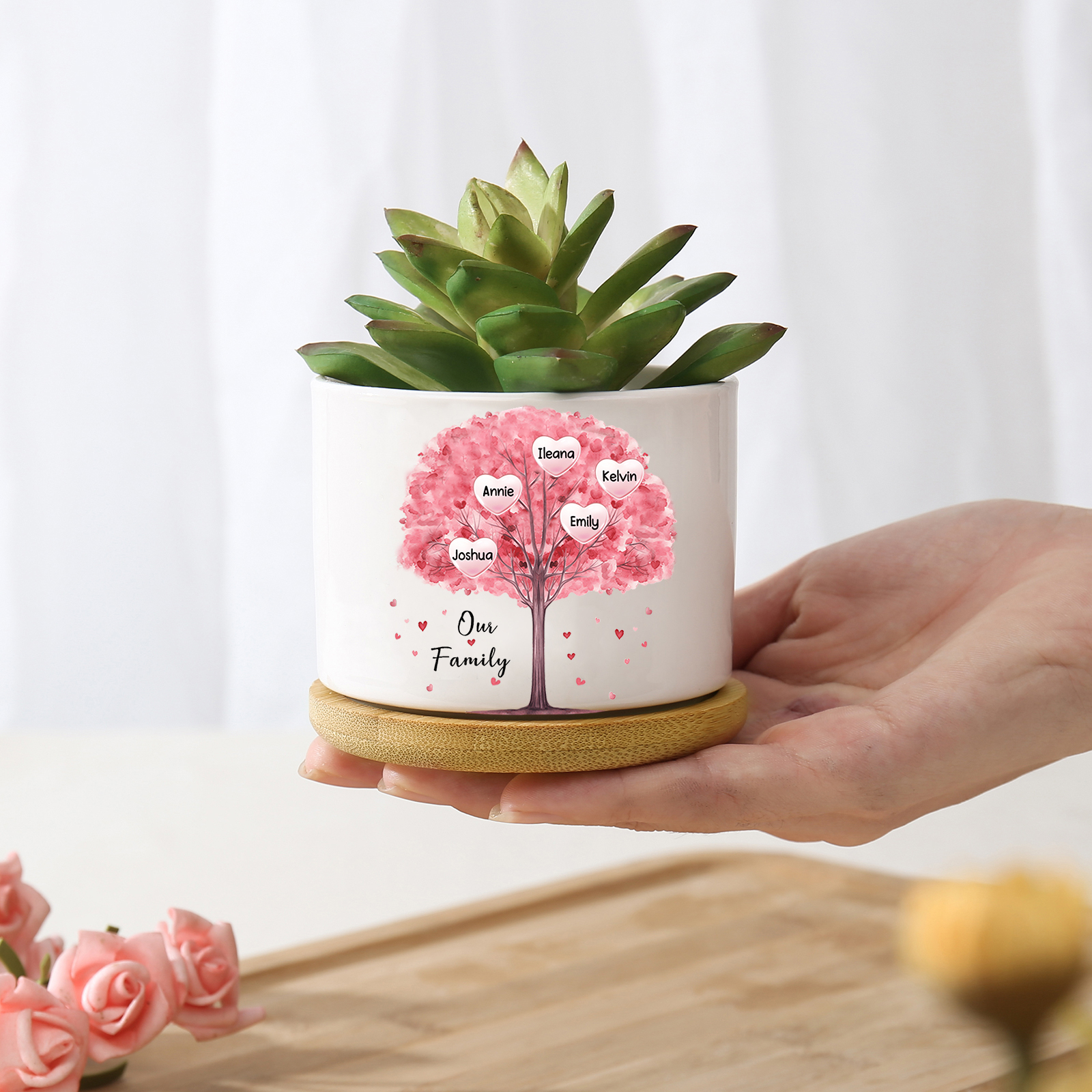 Florero con base de cerámica árbol de corazones 2-8 nombres personalizados con texto decoración del hogar-Jessemade ES