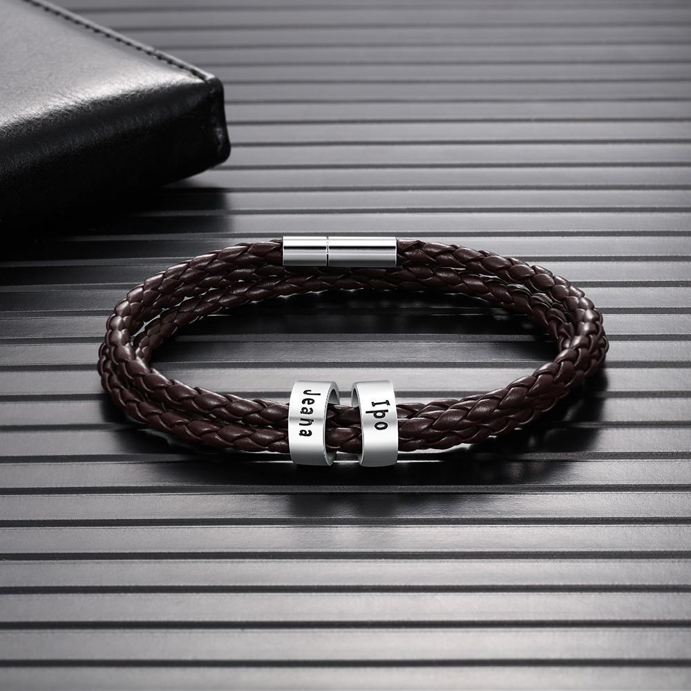Pulsera de cuero trenzado personalizada con 2 nombres en 2 cuentas-Jessemade ES