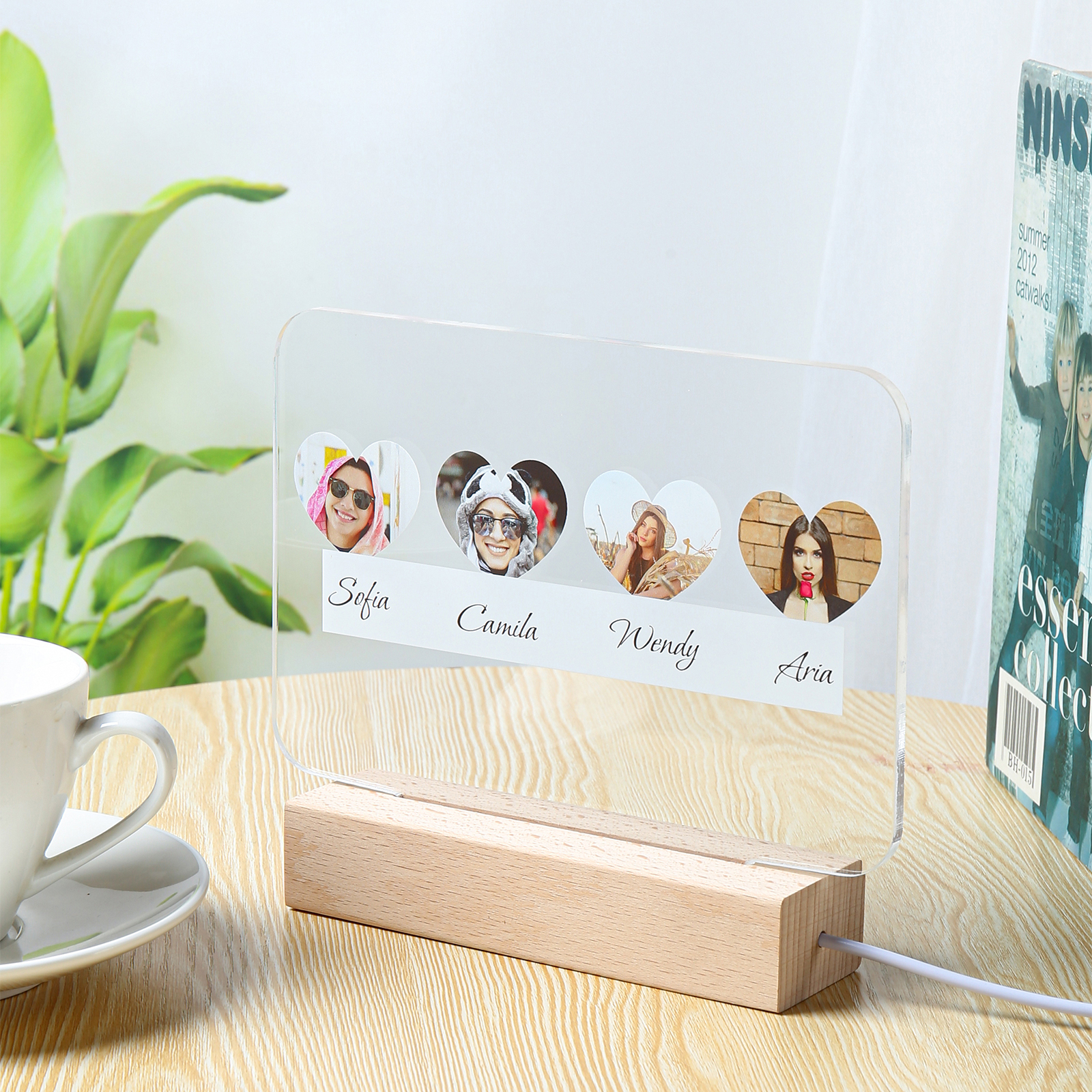 Lámpara 3D Ilusión Luz de noche LED 4 nombres personalizados con 4 fotos