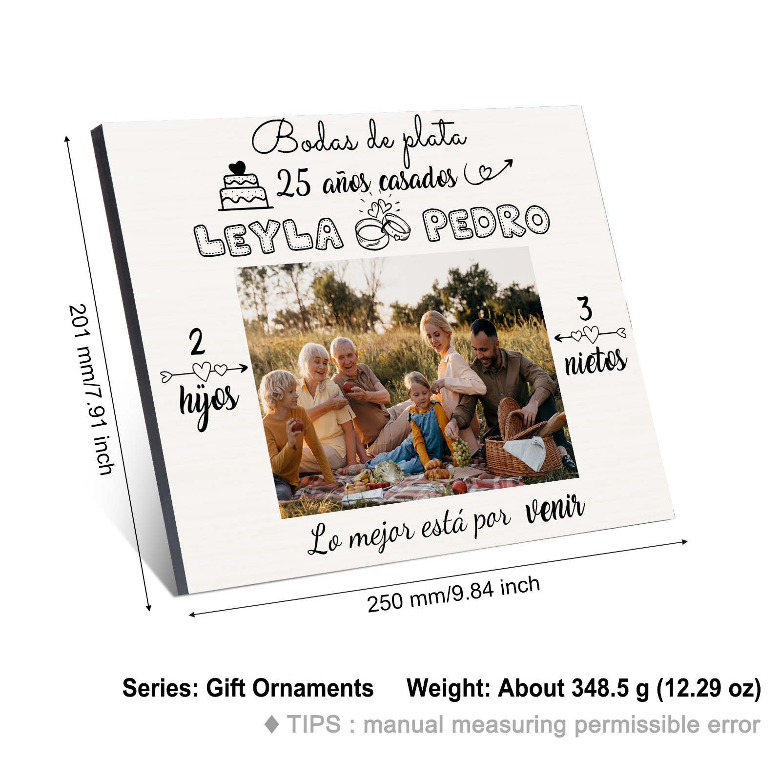 Lámina marco de madera para aniversario de boda 1 texto, 2 nombres y 3 números personalizados con 1 foto-Jessemade ES