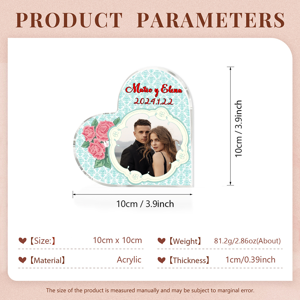 Placa de acrílico en forma de corazón con fecha, texto y foto personalizados-Jessemade ES