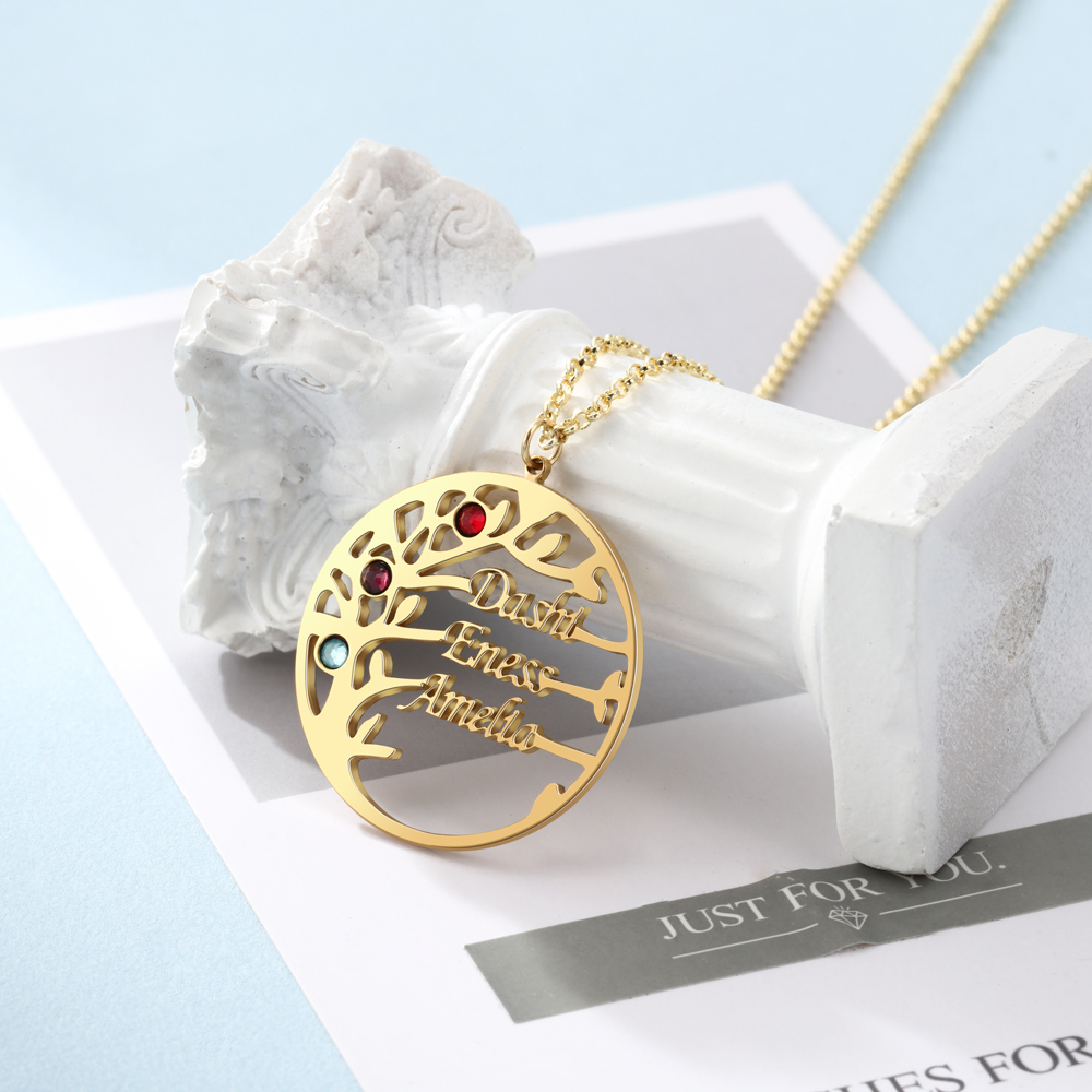 Collar de plata 925 Árbol de la Vida Árbol Genealógico 3 nombres y 3 piedras de nacimiento-Jessemade ES