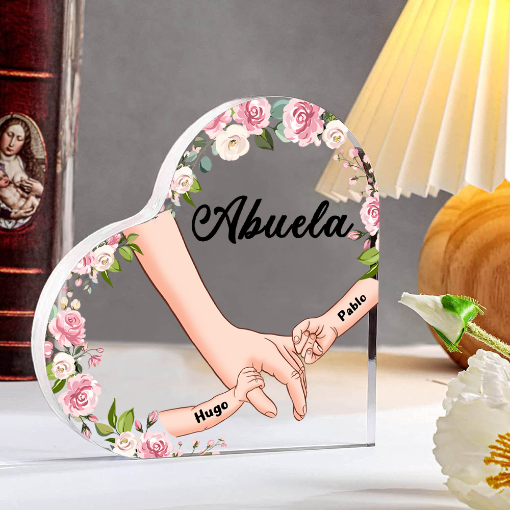 A mi mamá/abuela-Placa de acrílico en forma de corazón mano a mano con 1 texto y 2 nombres personalizados | Jessemade
