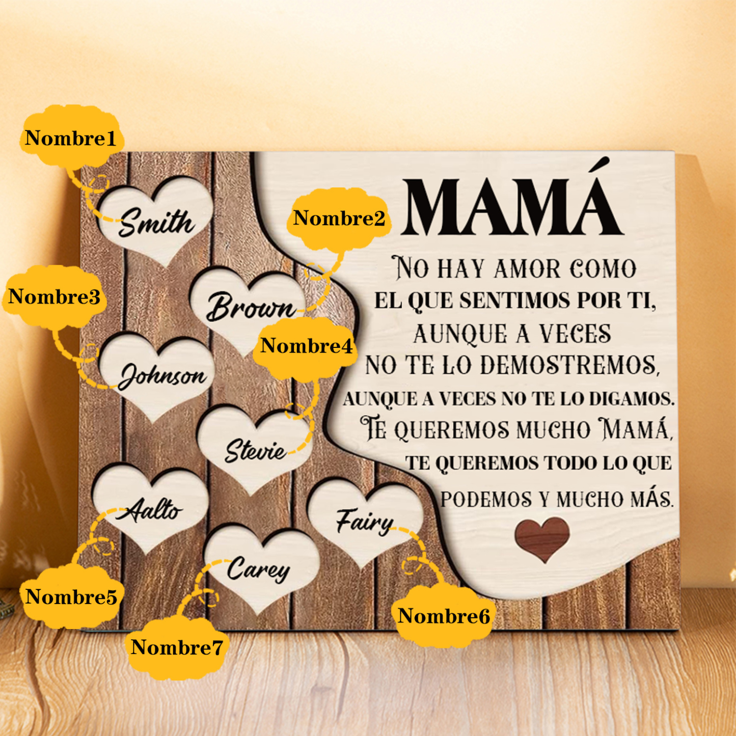 A mi mamá - Lámina 2-8 nombres personalizados marco de madera cara y corazones-Jessemade ES