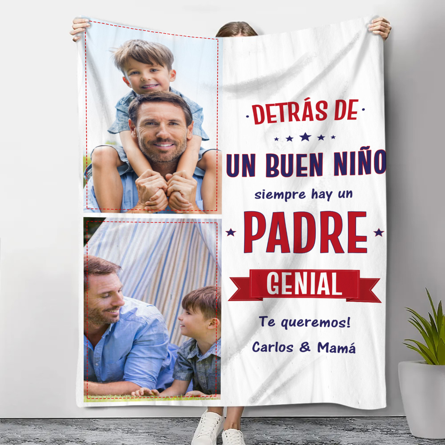 A mi padre - Manta de buen calidad con frase amoroso y personalizada con 2 fotos y 1 texto-Jessemade ES