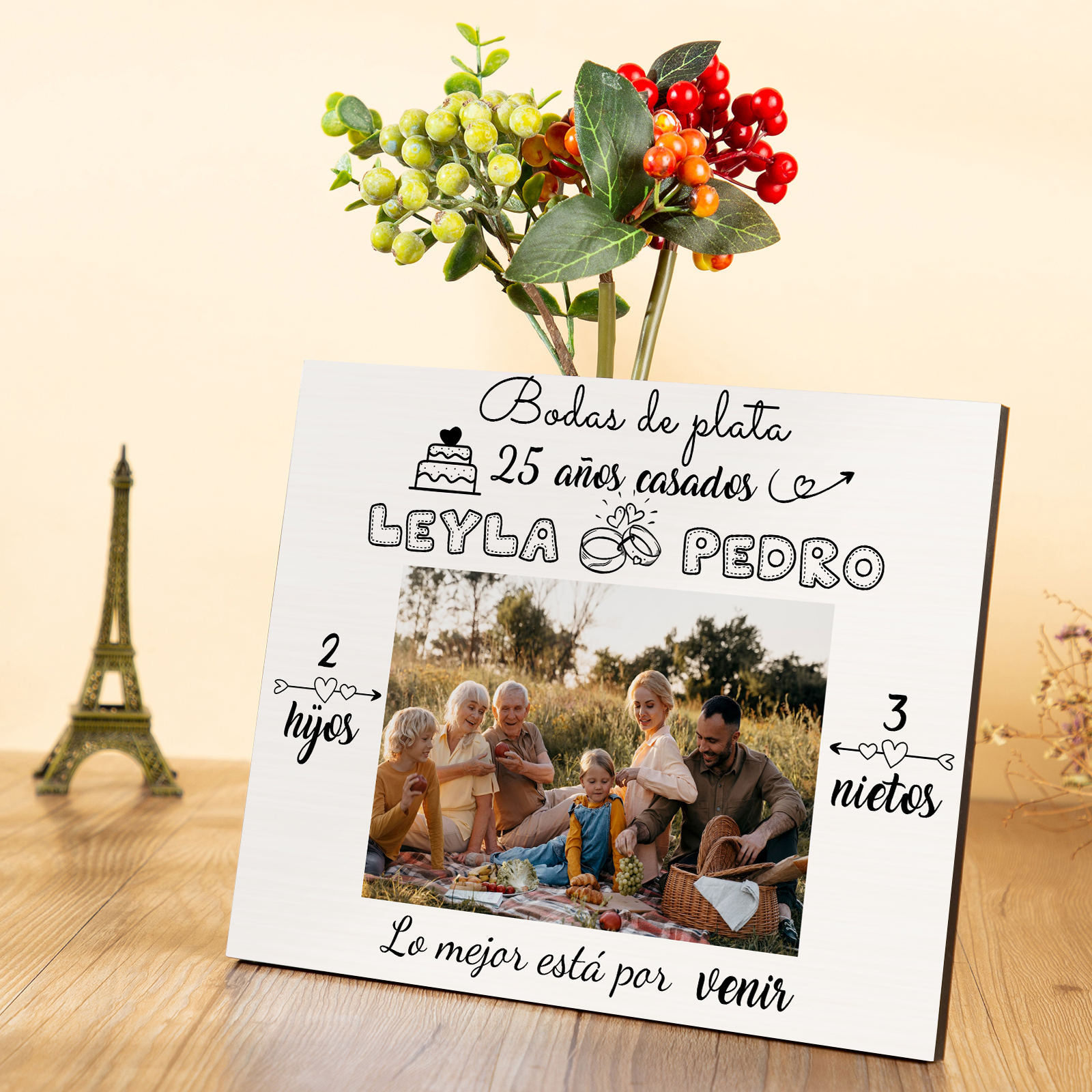 Lámina marco de madera para aniversario de boda 1 texto, 2 nombres y 3 números personalizados con 1 foto-Jessemade ES