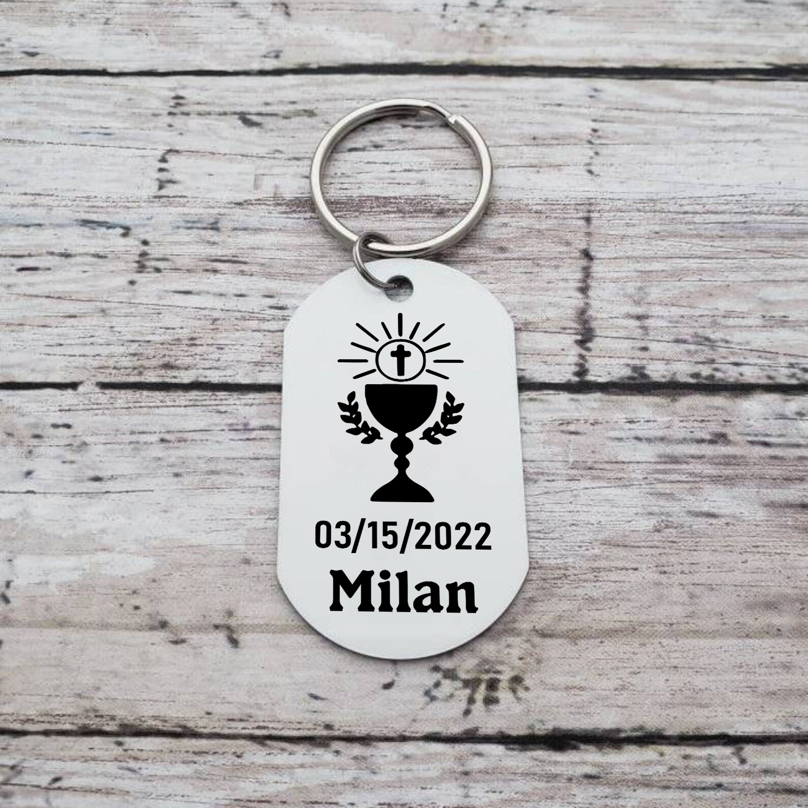 Comunión-Llavero con icono de comunión 1 foto, 1 nombre y 1 fecha personalizados-Jessemade ES