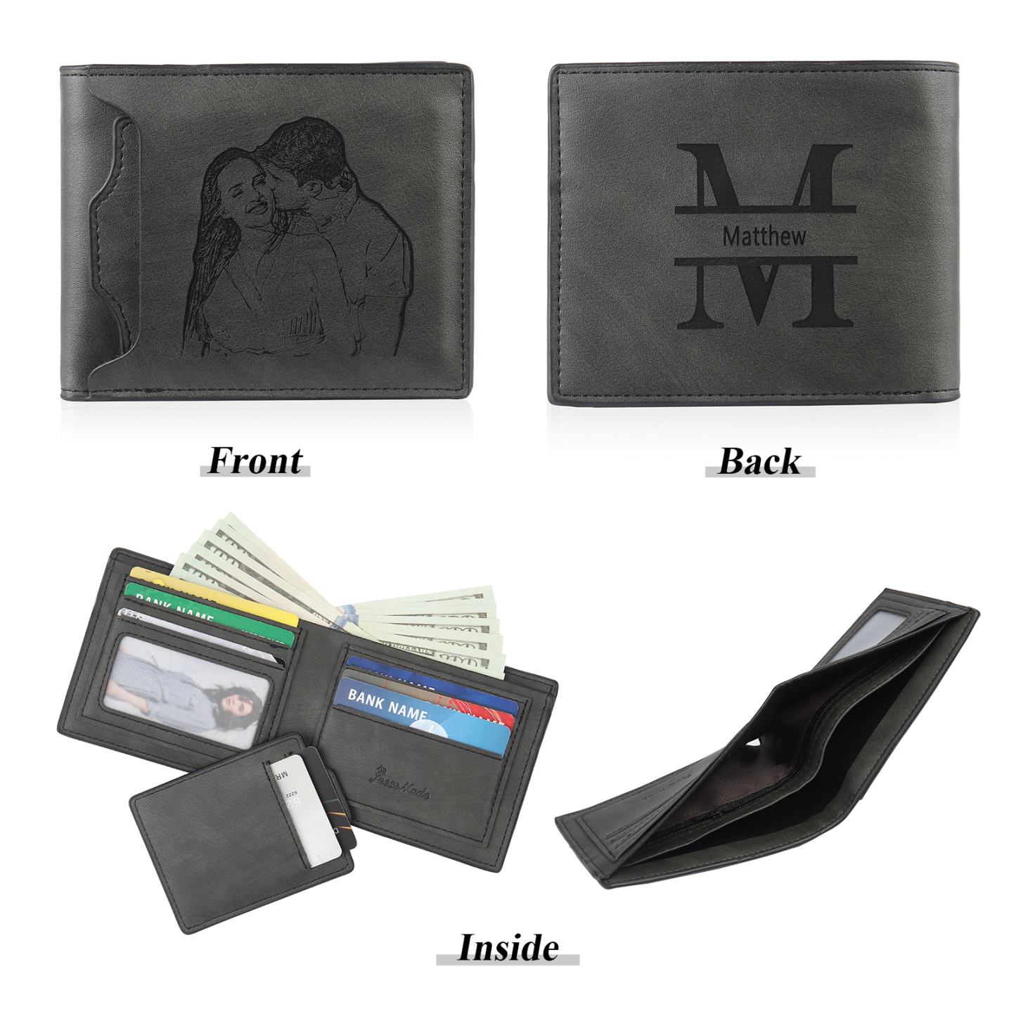 Cartera, billetera personalizada con 1 foto, 1 nombre y 1 letra monedero para hombre-Jessemade ES
