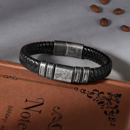 Pulsera 2-5 Nombres en Aros y Foto en Placa Personalizados de Cuero Trenzado