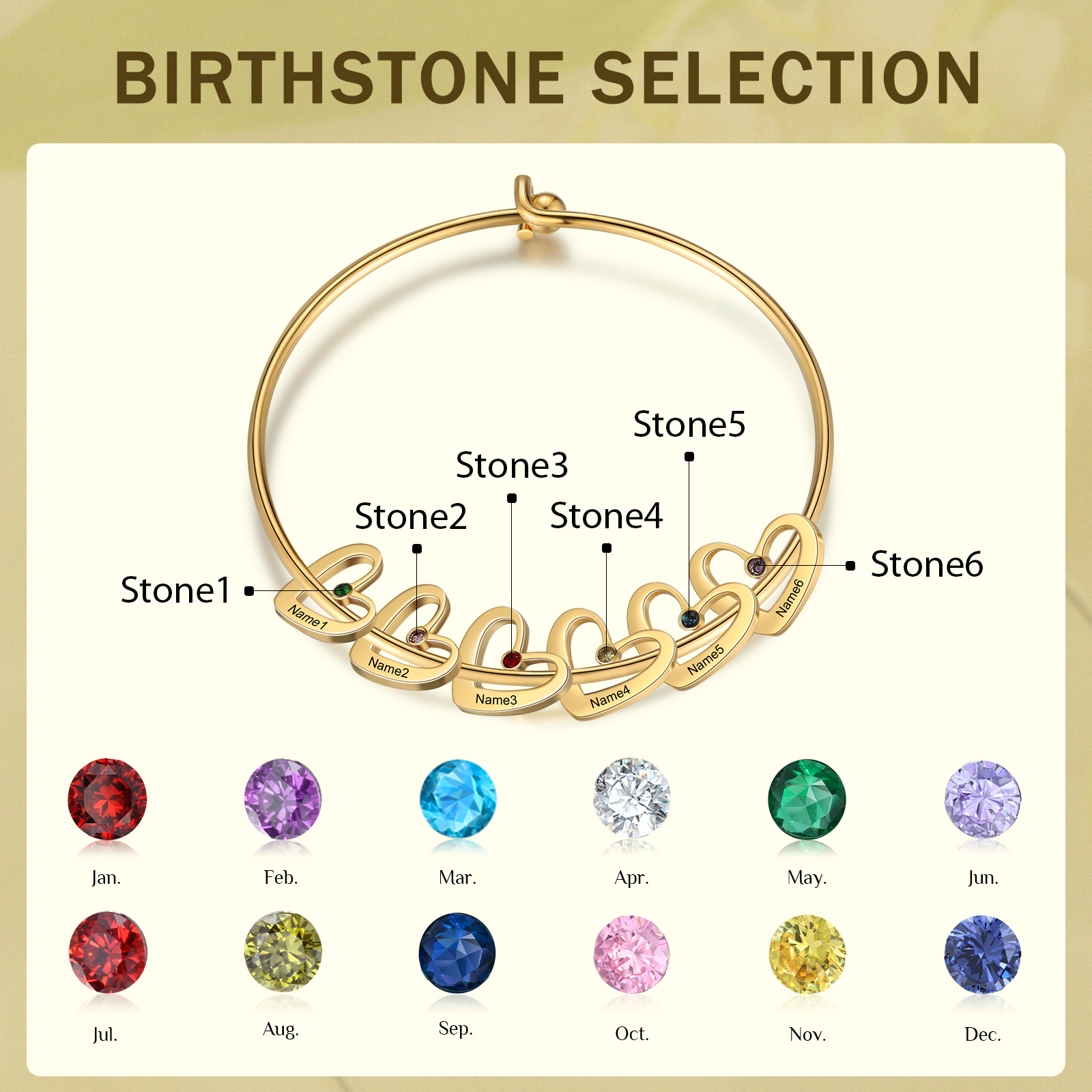Pulsera 2-6 nombres y piedras de nacimiento personalizados con colgantes de corazón oro-Jessemade ES