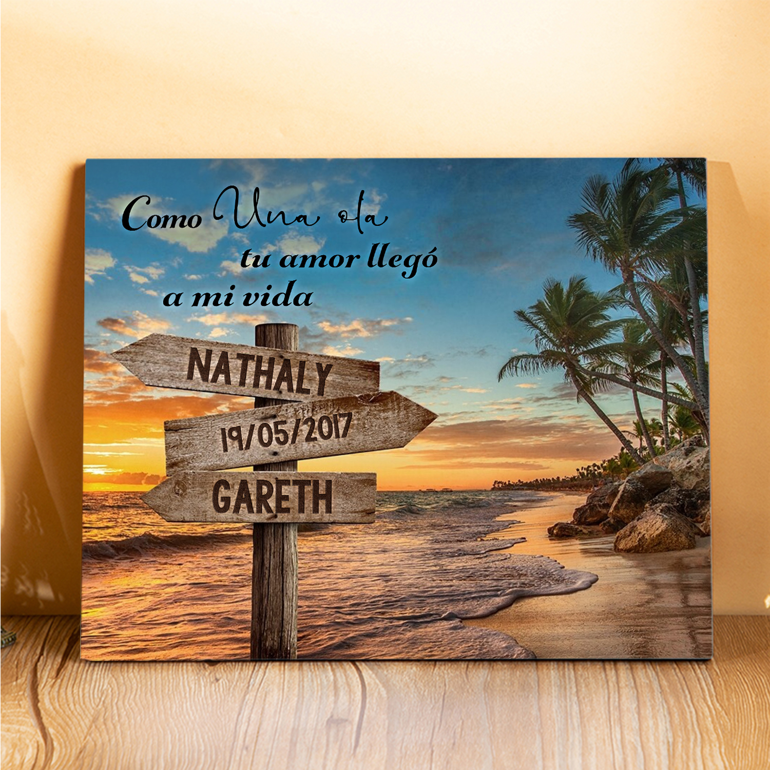 Lámina playa marco de madera para pareja personalizado con 2 nombres y fecha-Jessemade ES