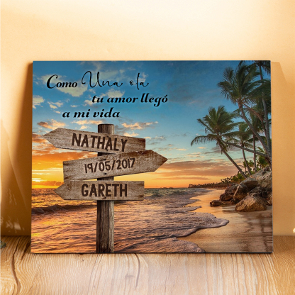 Lámina playa marco de madera para pareja personalizado con 2 nombres y fecha-Jessemade ES