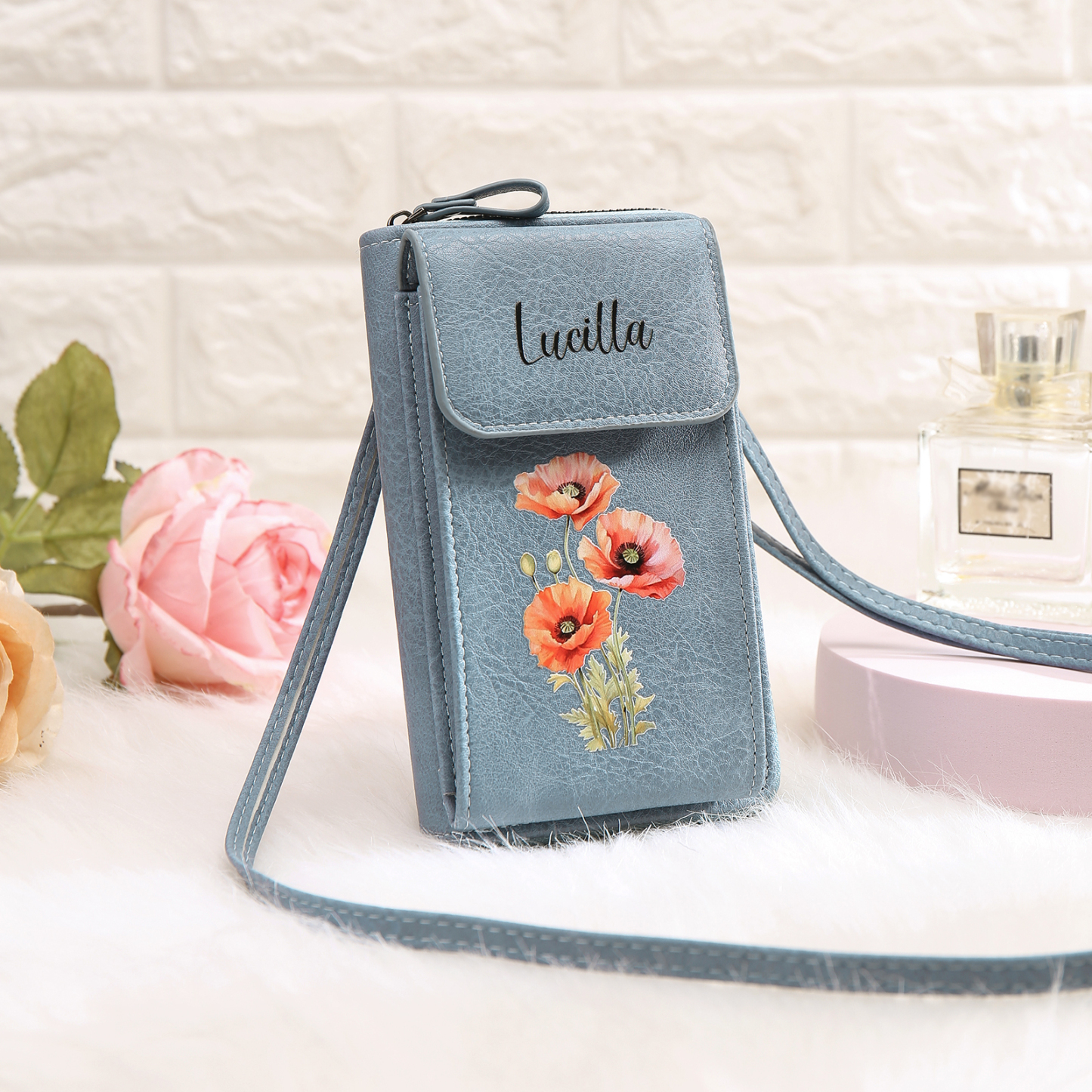 Cartera, billetera con 1 nombre y 1 flor de nacimiento personalizados monedero clásico para mujer-Jessemade ES