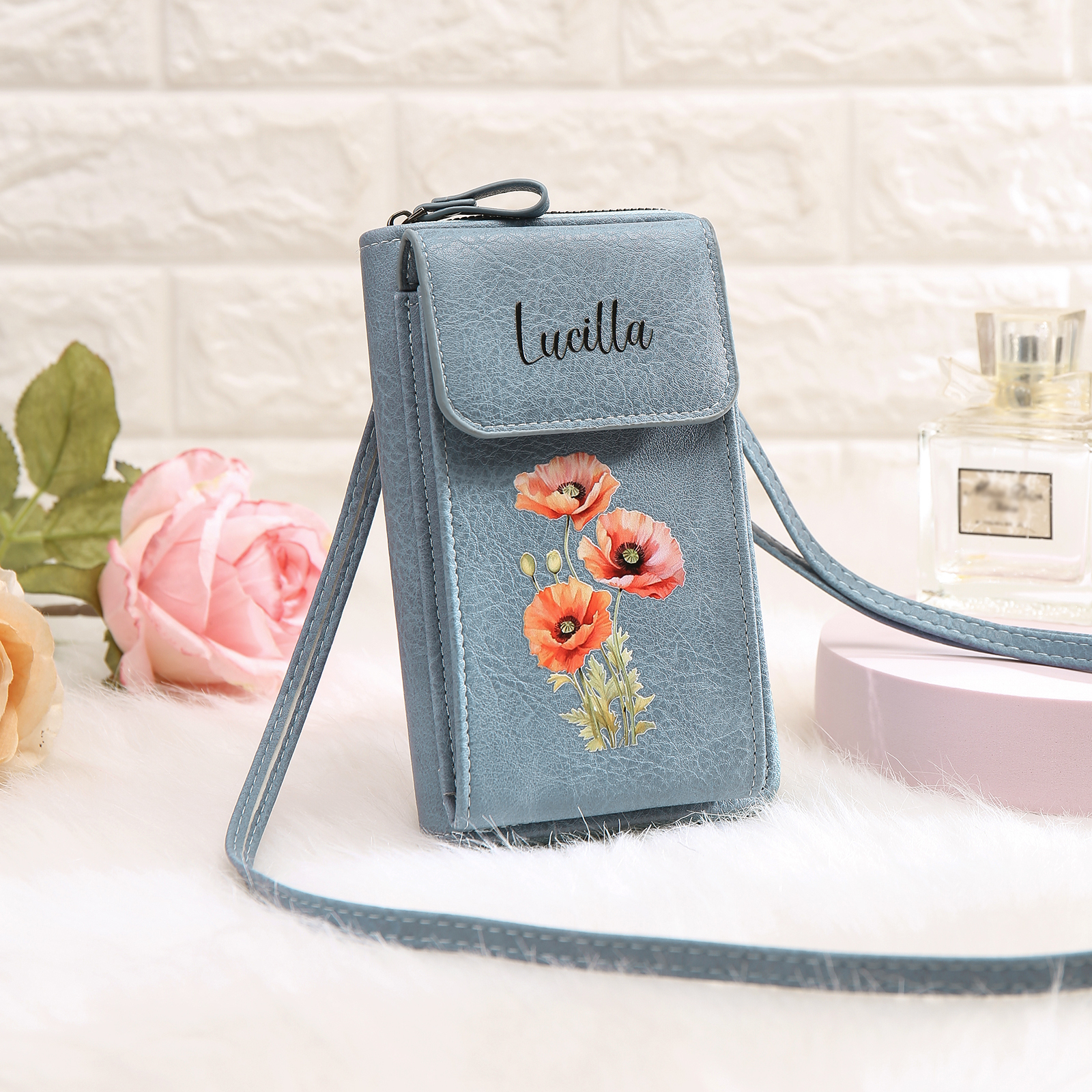 Cartera, billetera con 1 nombre y 1 flor de nacimiento personalizados monedero clásico para mujer-Jessemade ES