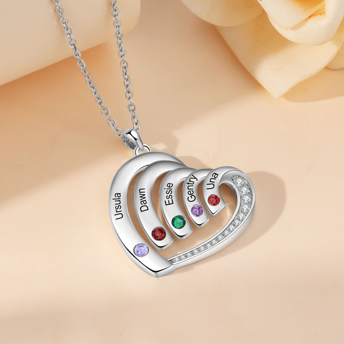Collar en corazón con 2-5 nombres personalizados y 2-5 piedras de nacimiento-Jessemade ES