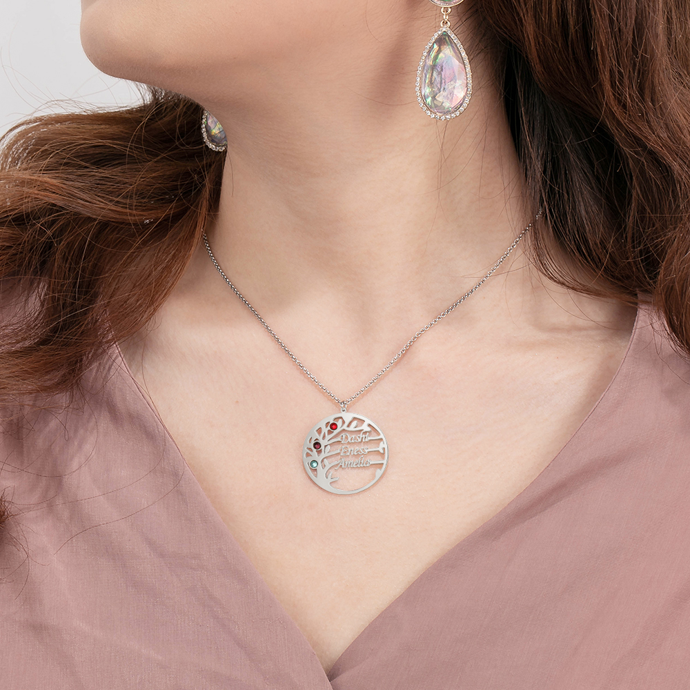 Collar de plata 925 Árbol de la Vida Árbol Genealógico 3 nombres y 3 piedras de nacimiento-Jessemade ES