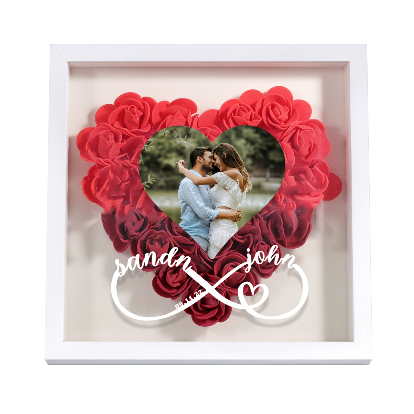 Marco con flores de madera para pareja foto, 2 nombres y fecha personalizados-Jessemade ES