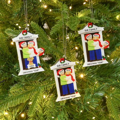 Navidad-Ornamentos Navideños de Acrílico Familia en Puerta con Perro 4 Nombres Personalizados con 2 Textos-Jessemade ES