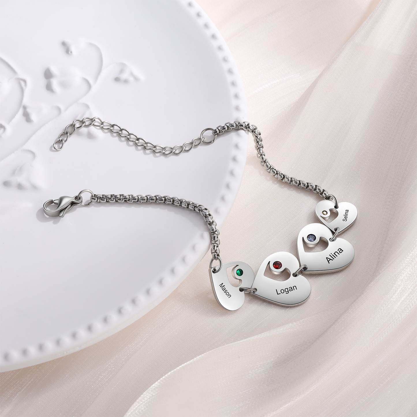 Pulsera de corazón personalizada con 4 nombres y 4 piedras de nacimiento-Jessemade ES
