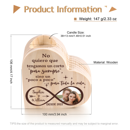 Candelero de madera infinito para pareja sin vela personalizado con 2 nombres, año y foto-Jessemade ES
