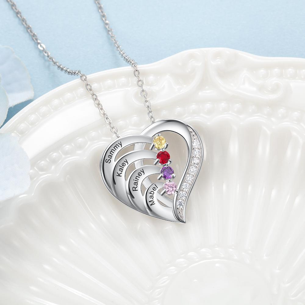 Collar de corazón de plata 925 con 4 nombres y 4 piedras de nacimiento personalizados-Jessemade ES