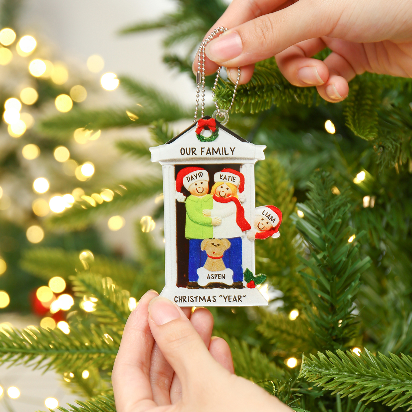 Navidad-Ornamentos Navideños de Acrílico Familia en Puerta con Perro 4 Nombres Personalizados con 2 Textos-Jessemade ES