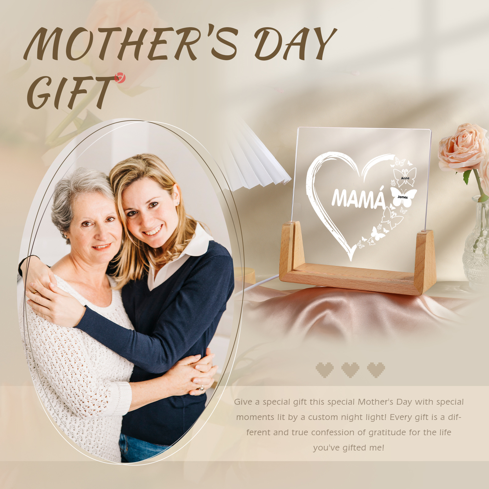 A mi mamá/abuela-Lámpara Personalizada con 2-8 Nombres y 1 Texto "corazón y mariposas" 3D Ilusión Luz de Noche-Jessemade ES