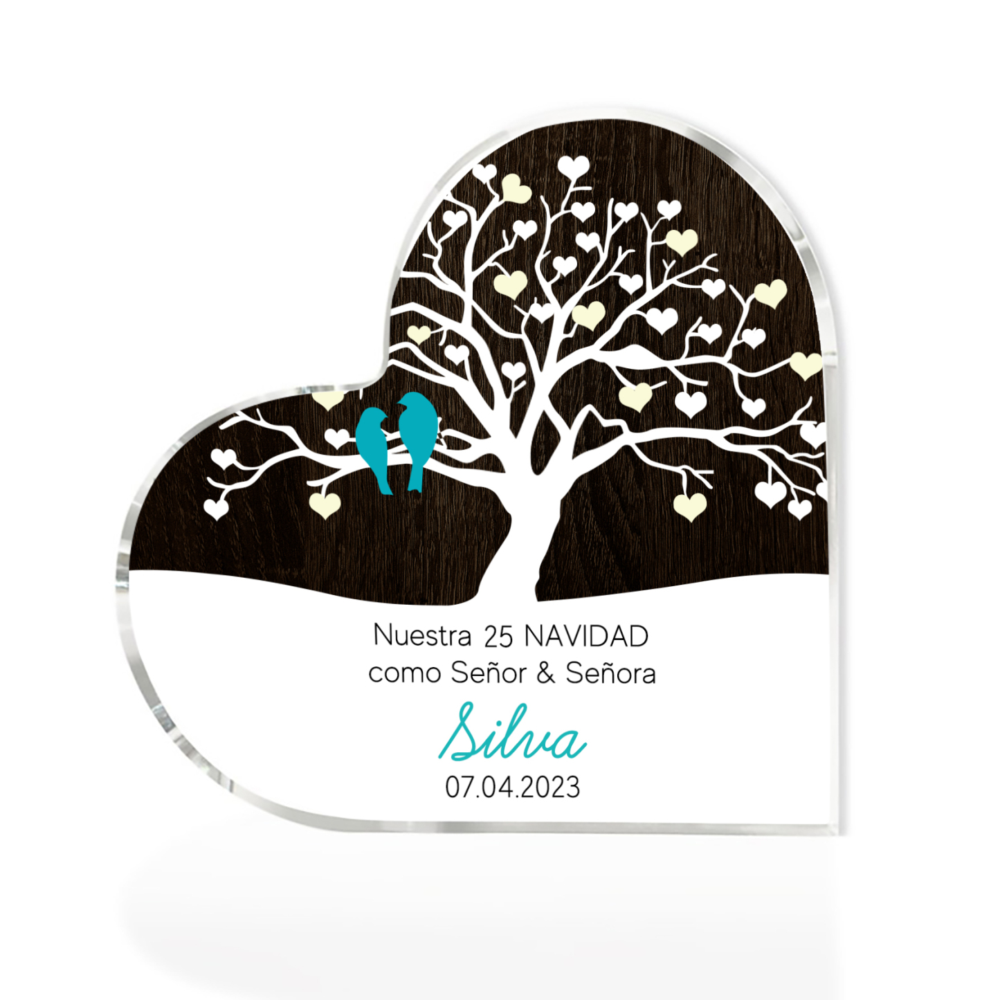 Navidad-Placa de acrílico en forma de corazón aniversario de navidad con número, fecha y apellido personalizados-Jessemade ES