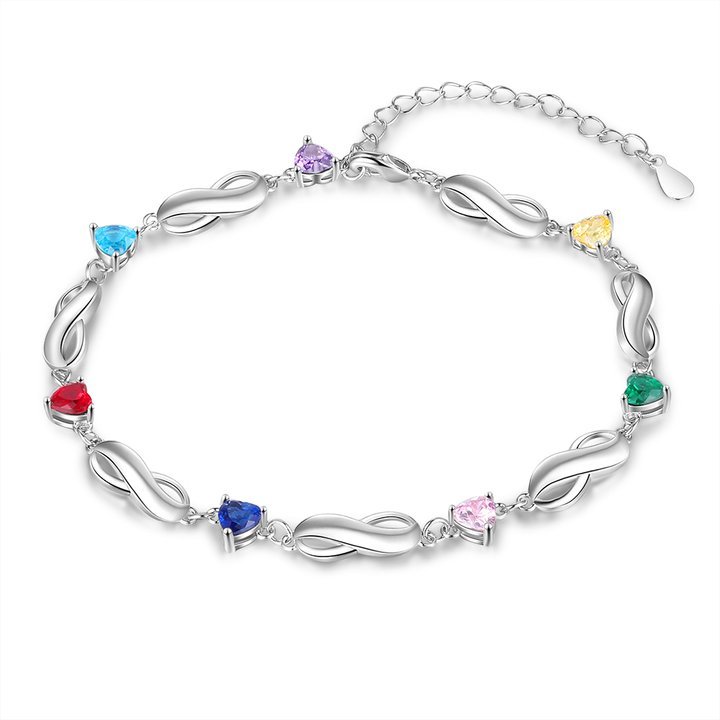 Pulsera "infinito" personalizada con 7 nombres y 7 piedras de nacimiento de corazón-Jessemade ES