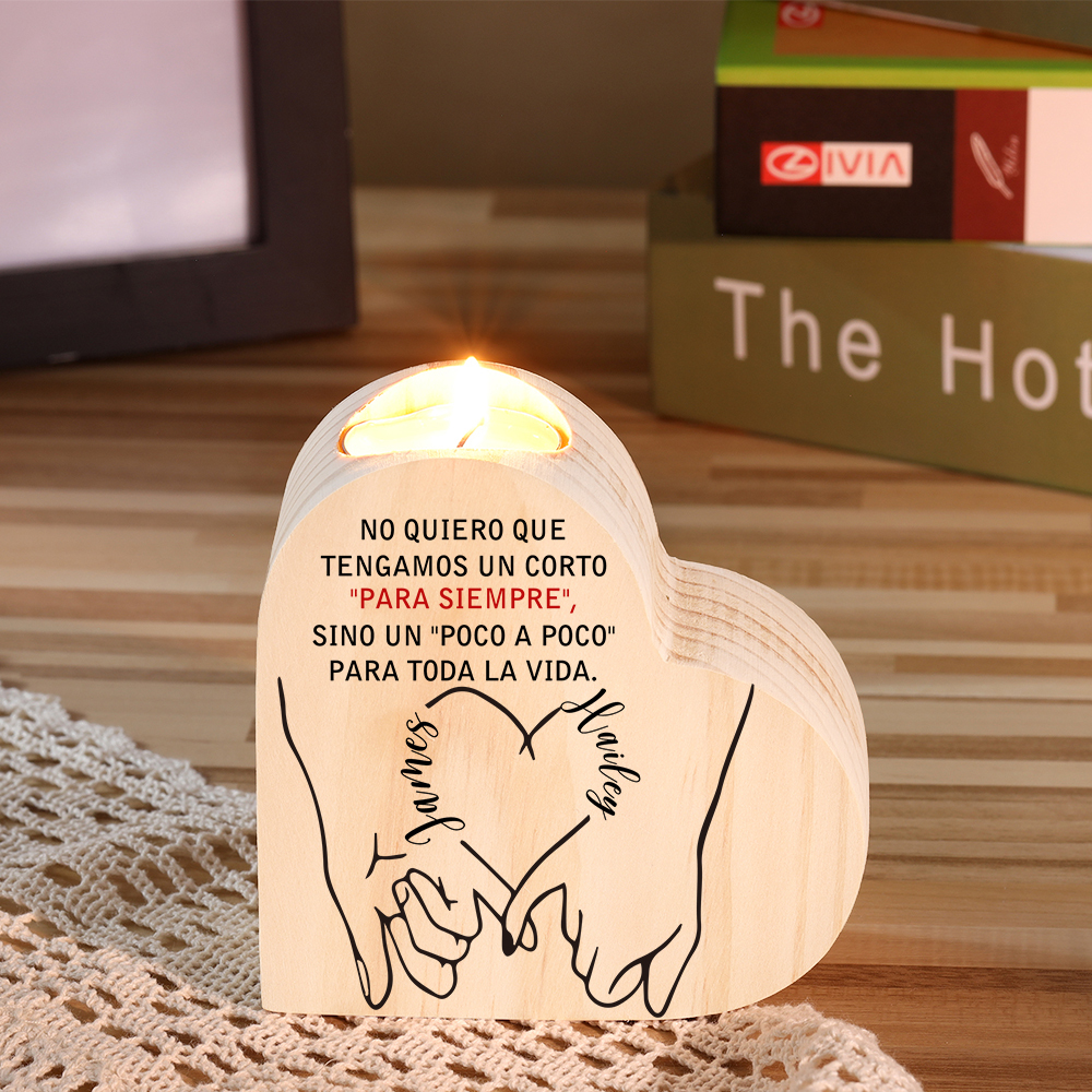 Candelero de madera dedos cogidos para pareja sin vela personalizado con 2 nombres-Jessemade ES
