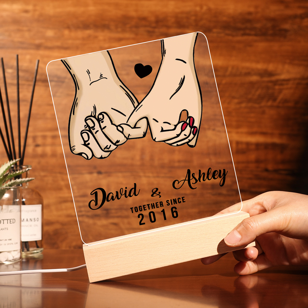 Lámpara dedos cogidos para pareja 3D Ilusión Luz de Noche LED 2 nombres, texto y año personalizados -Jessemade ES