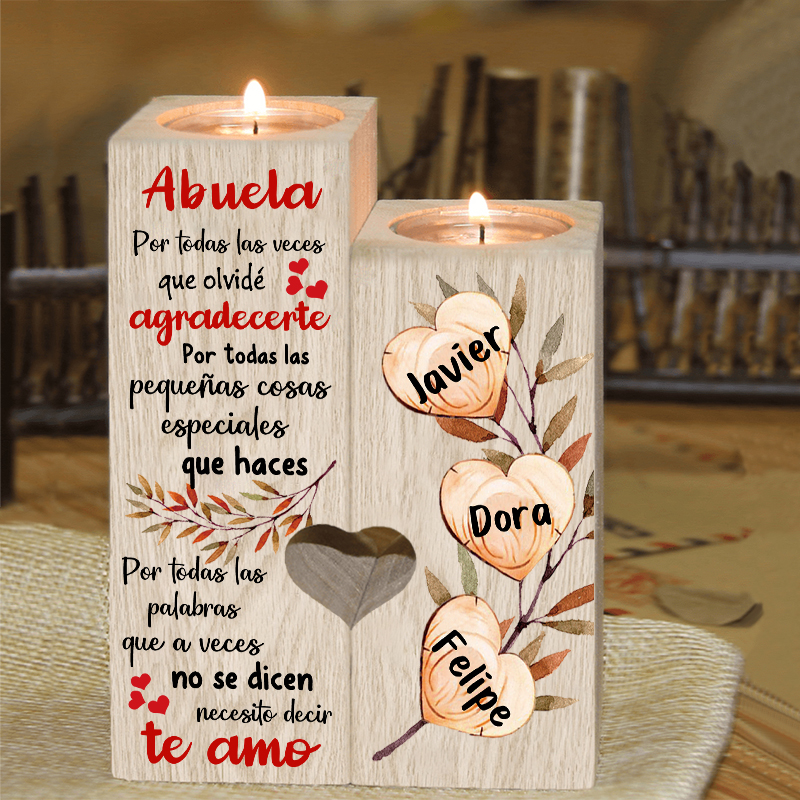 A mi abuela - Candelero de madera sin vela Corazones 3 nombres personalizados
