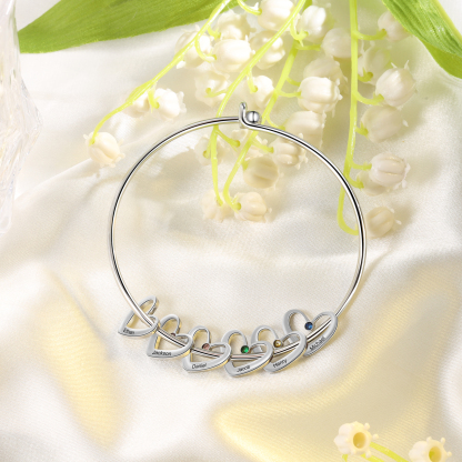 Pulsera 2-6 nombres y piedras de nacimiento personalizados con colgantes de corazón plateado