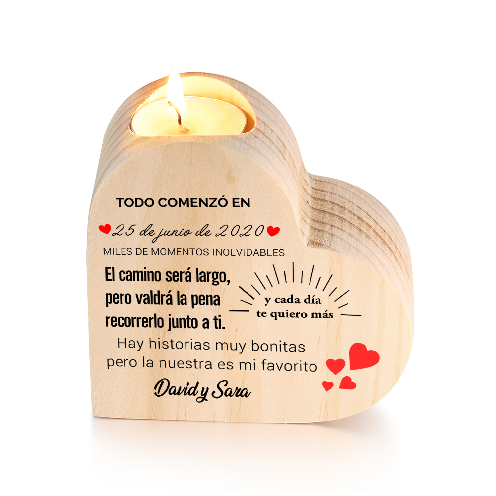 Candelero de madera para pareja sin vela personalizado con 2 nombres y fecha-Jessemade ES