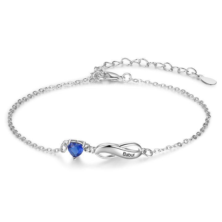 Pulsera "infinito" personalizada con 1 nombre y 1 piedra de nacimiento de corazón-Jessemade ES
