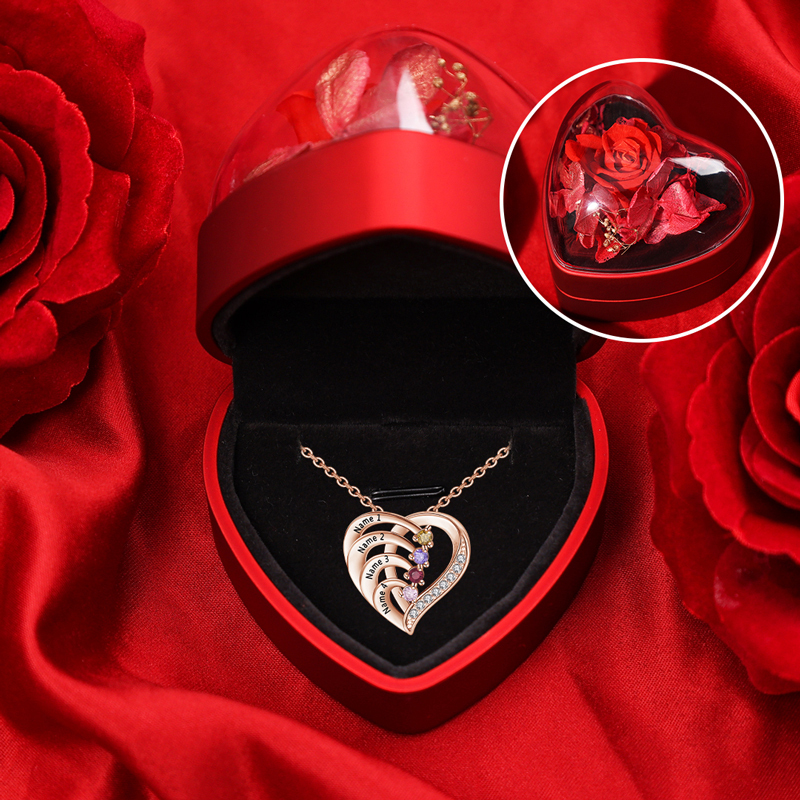 Collar para mujer de corazón de plata 925 con 4 nombres y 4 piedras de nacimiento personalizados