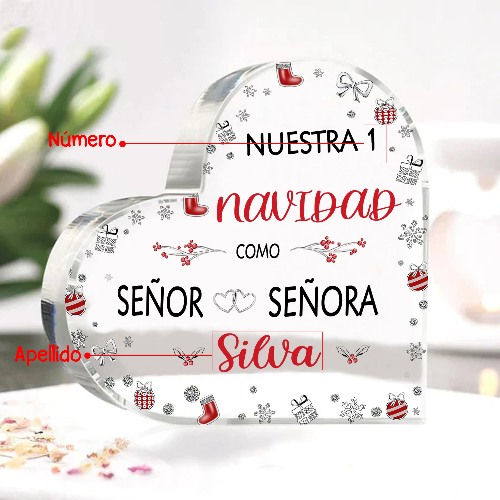 Navidad-Placa de acrílico en forma de corazón aniversario de navidad con número y apellido personalizados-Jessemade ES