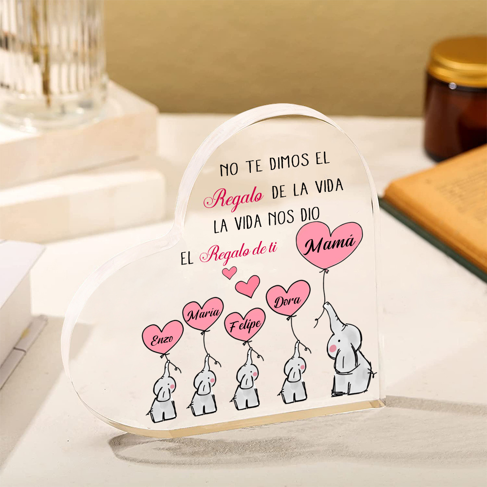 A mi mamá/abuela-Placa de acrílico en forma de corazón elefantes 2-5 nombres personalizados-Jessemade ES