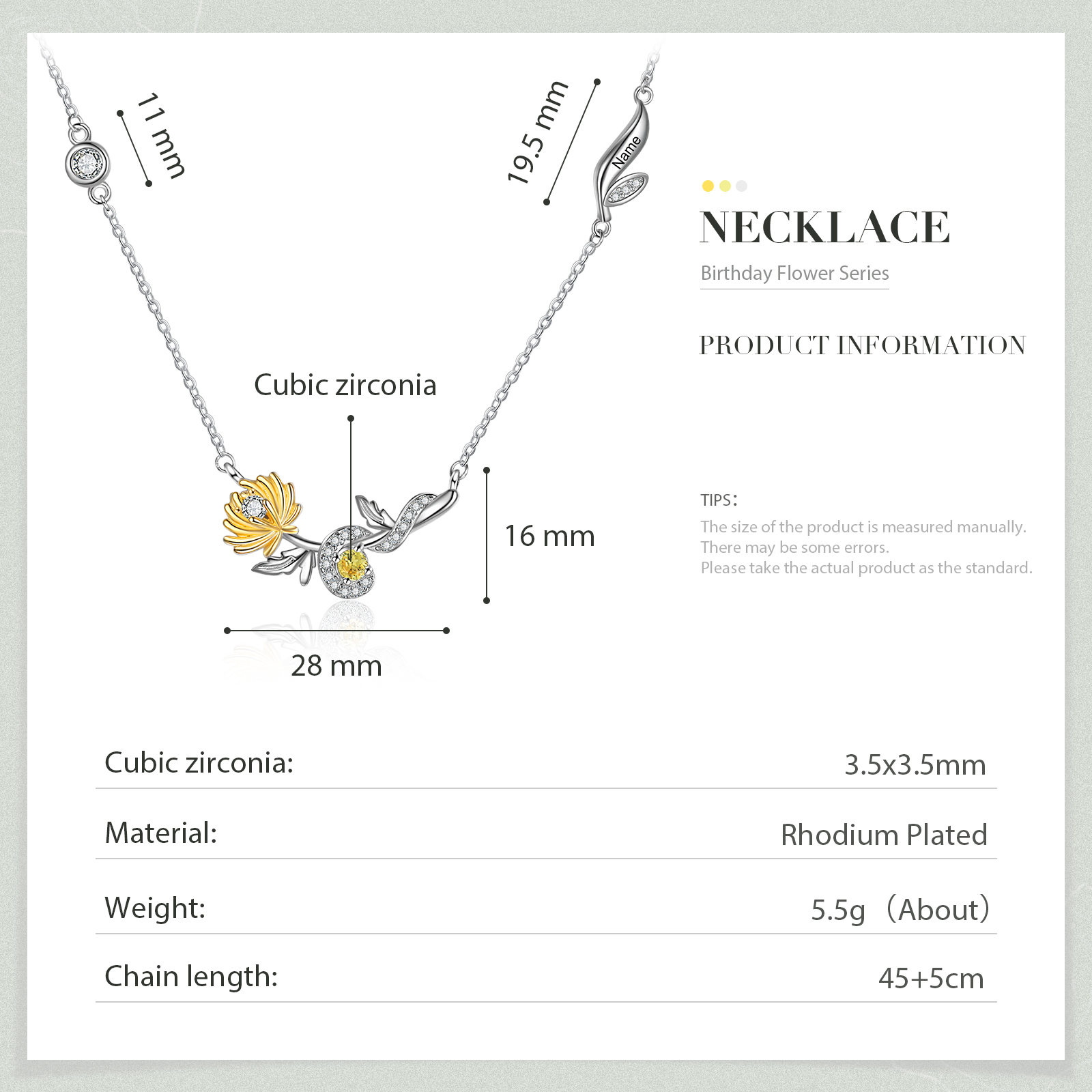 Collar de flor de noviembre crisantemo con nombre personalizado y piedra de nacimiento-Jessemade ES