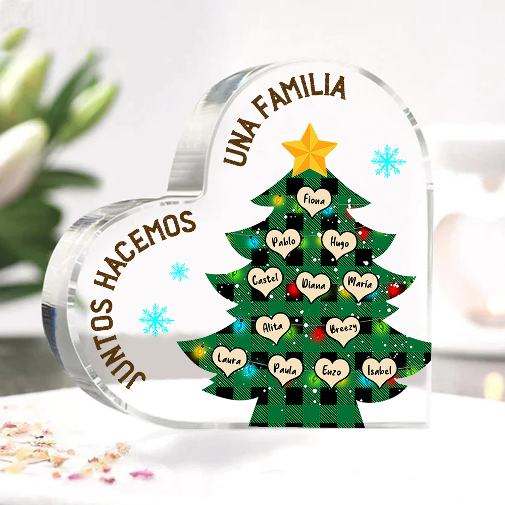 Navidad - Placa de acrílico en forma de corazón árbol con luces con 12 nombres personalizados-Jessemade ES