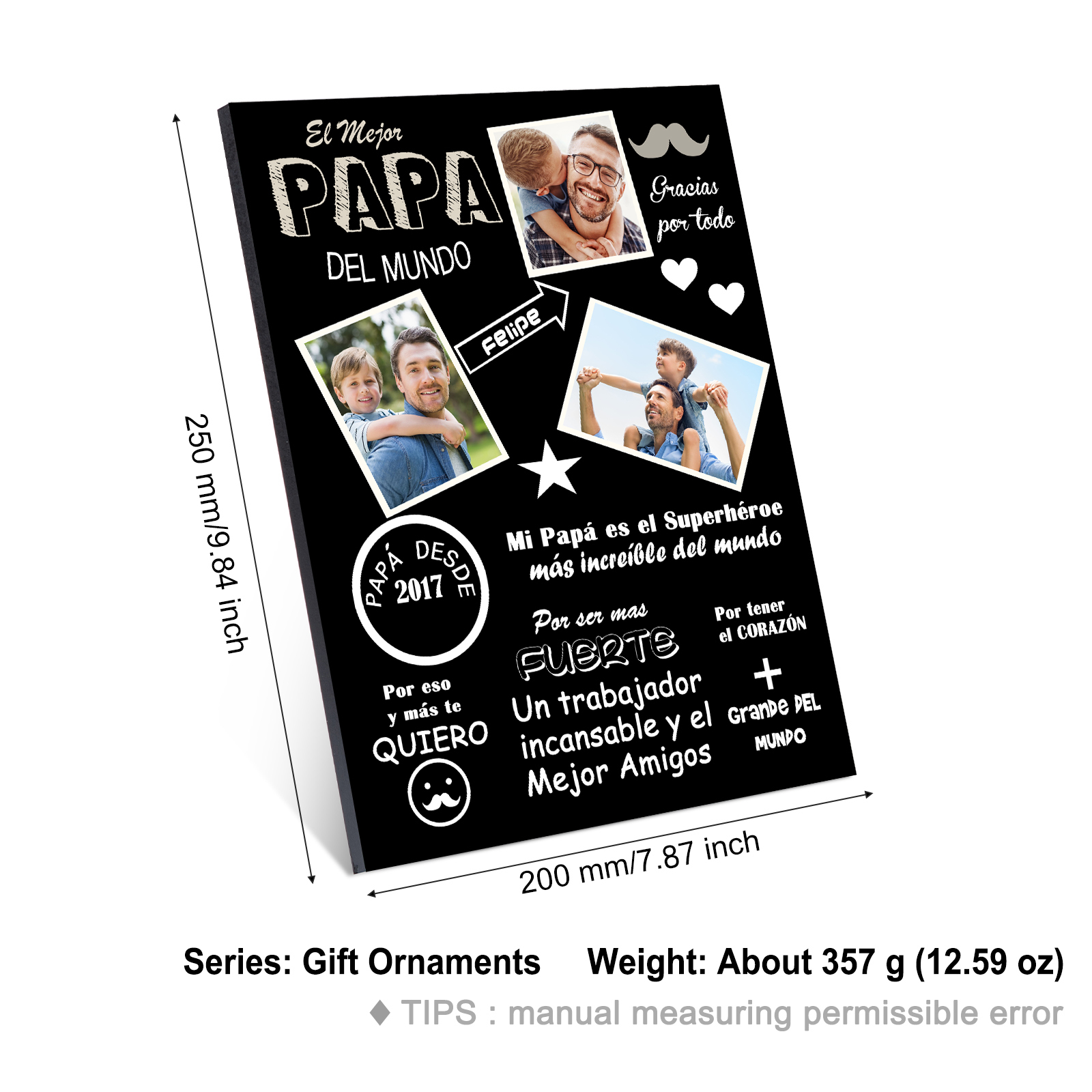 A mi papá - Lámina marco de madera 1 nombre y 1 año personalizados con 3 fotos-Jessemade ES